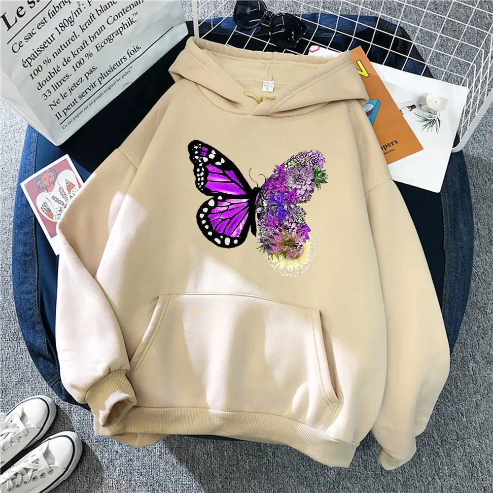 Women White Fleece Hoodie Butterfly Floral Print Loose Fit