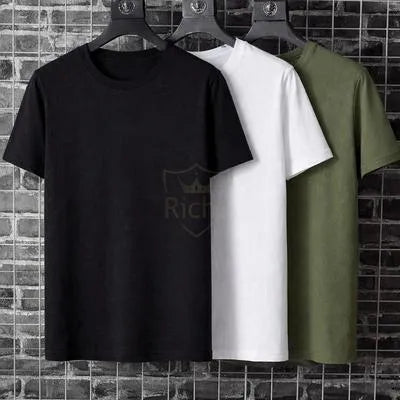 Premium Pack of 3 Crew Neck T-Shirts Black White Olive Green