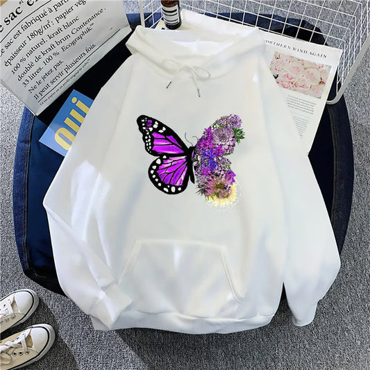 Women White Fleece Hoodie Butterfly Floral Print Loose Fit