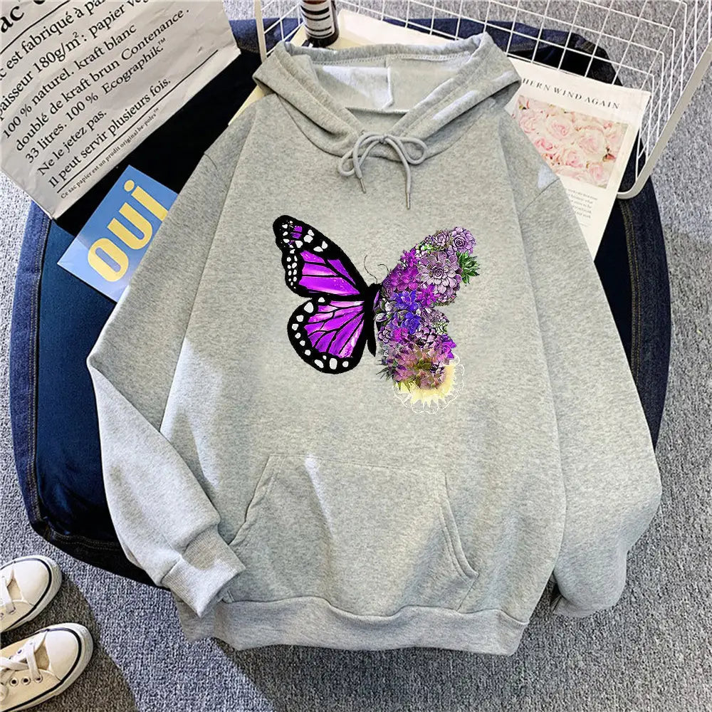 Women White Fleece Hoodie Butterfly Floral Print Loose Fit