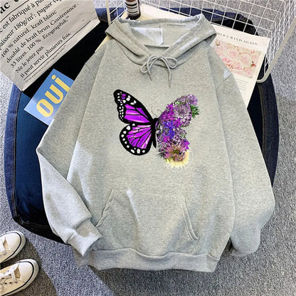 Women White Fleece Hoodie Butterfly Floral Print Loose Fit