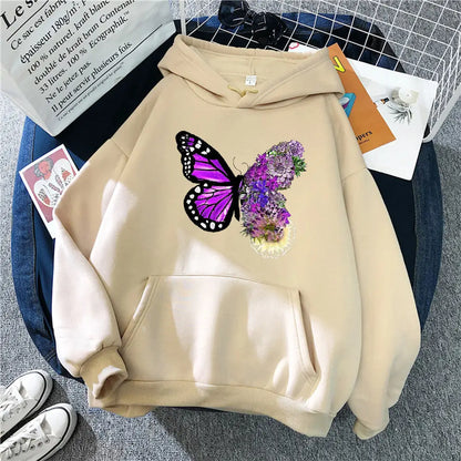 Women White Fleece Hoodie Butterfly Floral Print Loose Fit