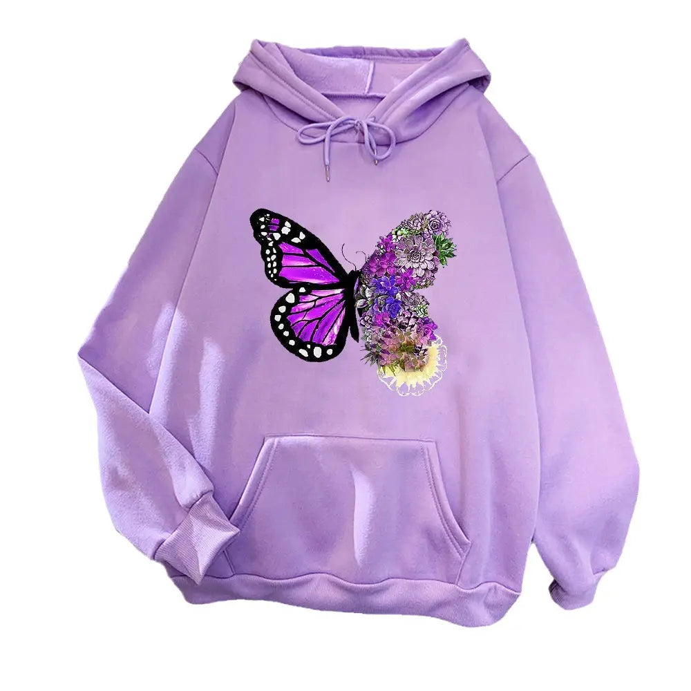 Women White Fleece Hoodie Butterfly Floral Print Loose Fit