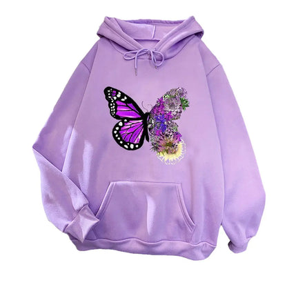 Women White Fleece Hoodie Butterfly Floral Print Loose Fit